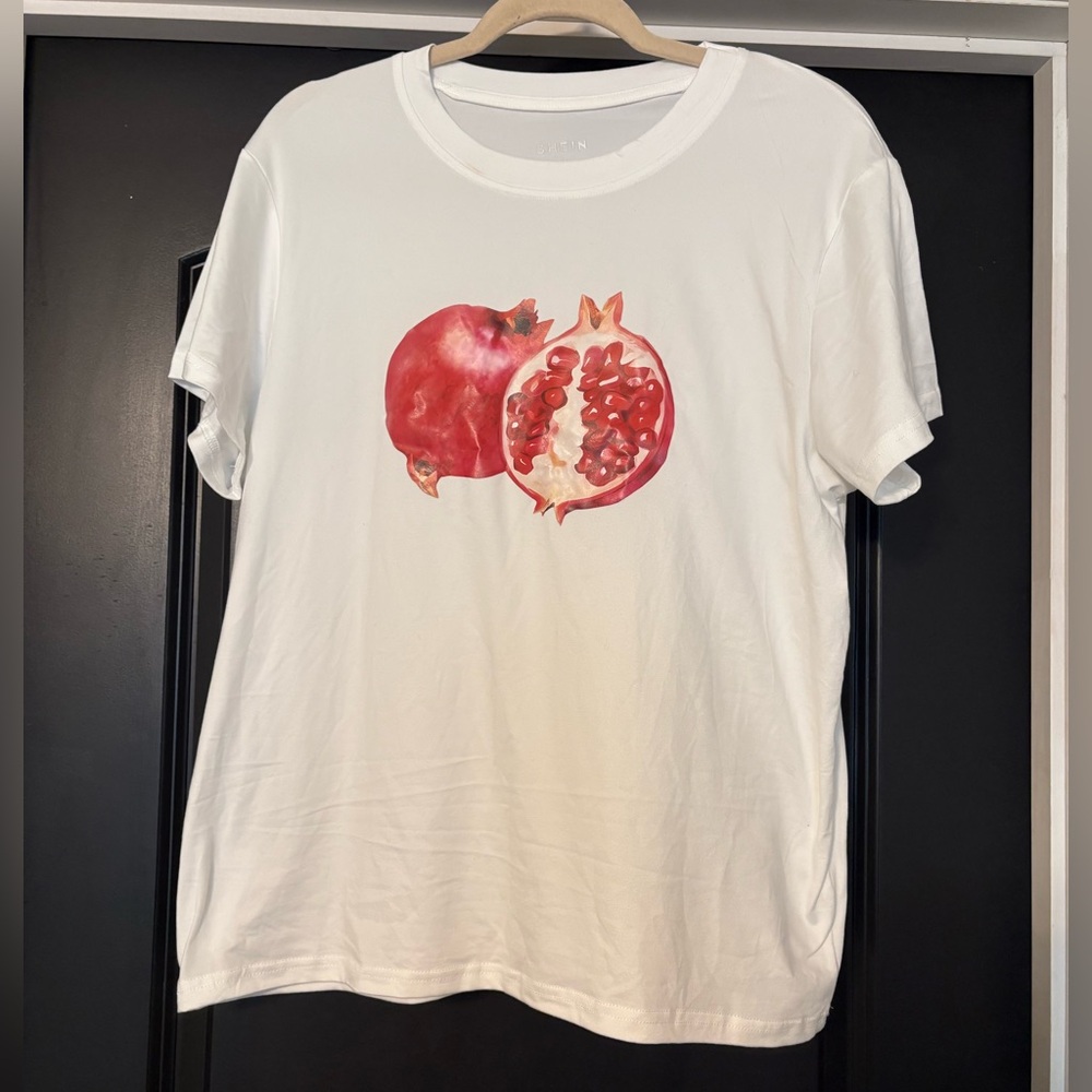 White T-Shirt with Pomegranate Graphic - Size XL